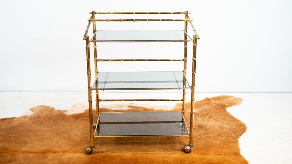 Vintage Mid Century Brass & Smoked Glass Bar Cart, C. 1970s