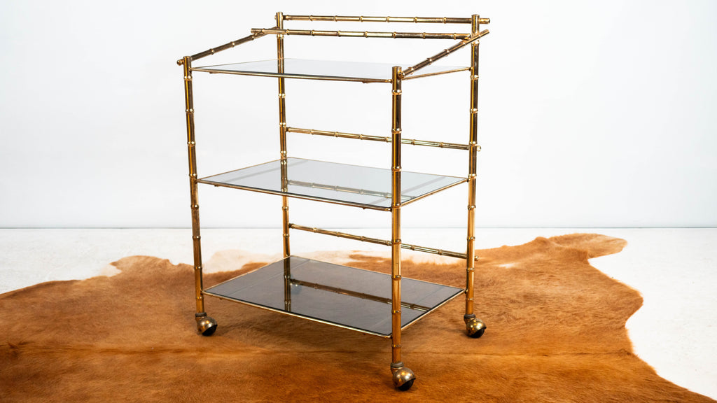 Vintage Mid Century Brass & Smoked Glass Bar Cart, C. 1970s