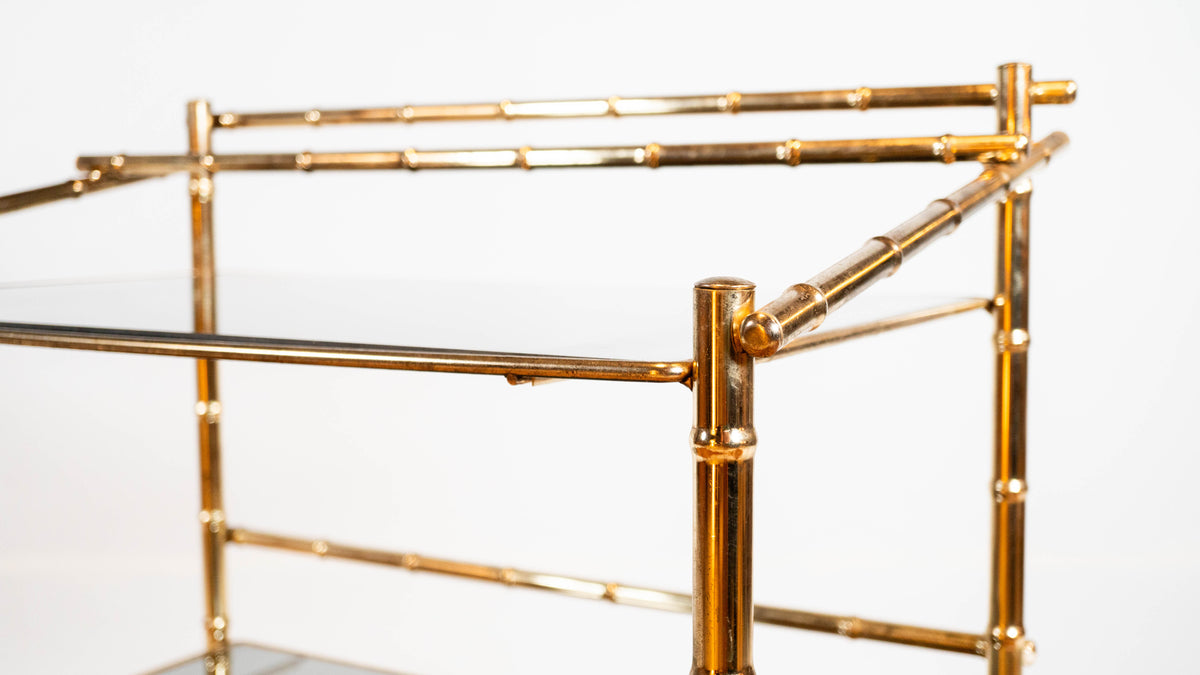 Vintage Mid Century Brass & Smoked Glass Bar Cart, C. 1970s