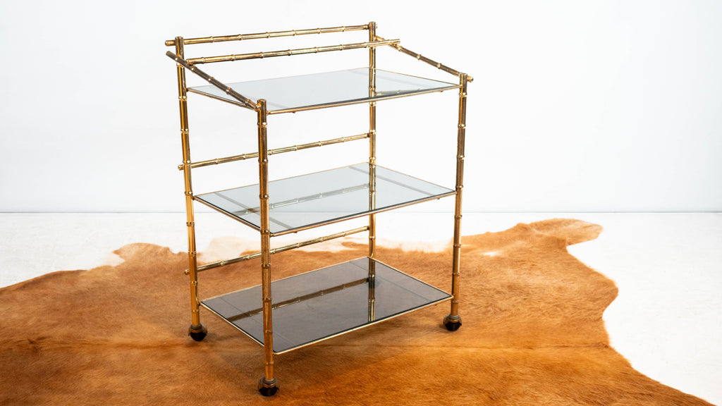 Vintage Mid Century Brass & Smoked Glass Bar Cart, C. 1970s