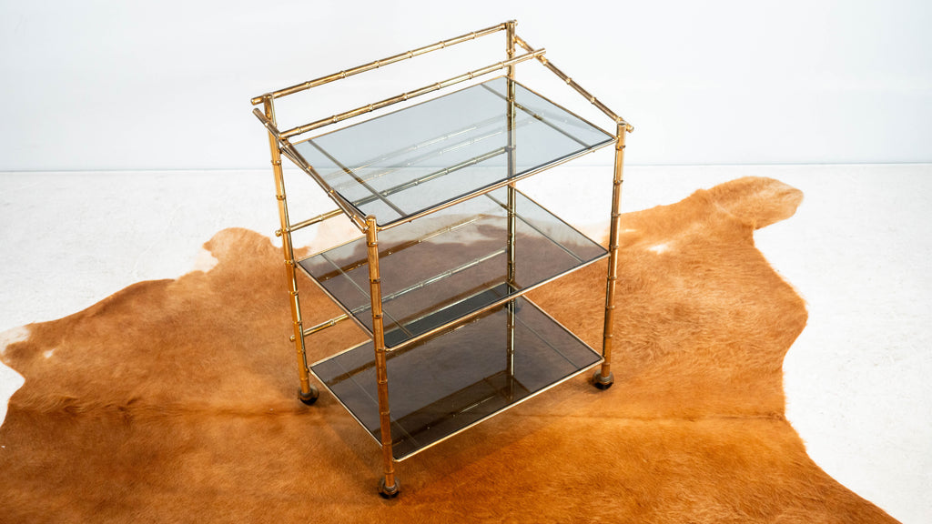 Vintage Mid Century Brass & Smoked Glass Bar Cart, C. 1970s