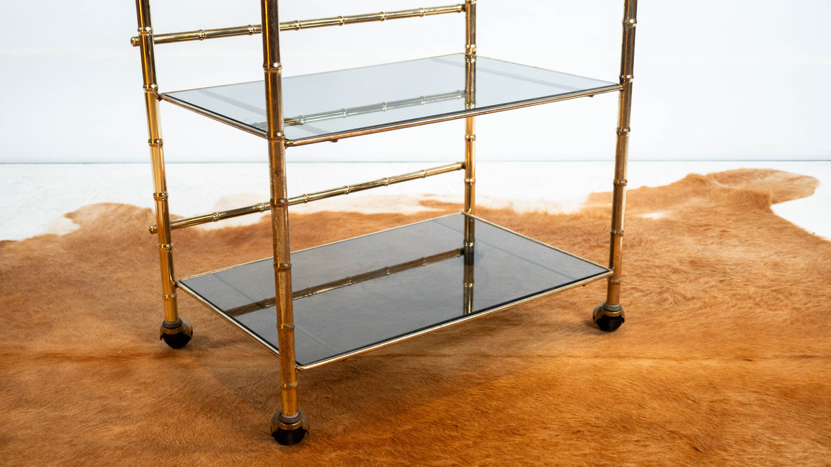 Vintage Mid Century Brass & Smoked Glass Bar Cart, C. 1970s