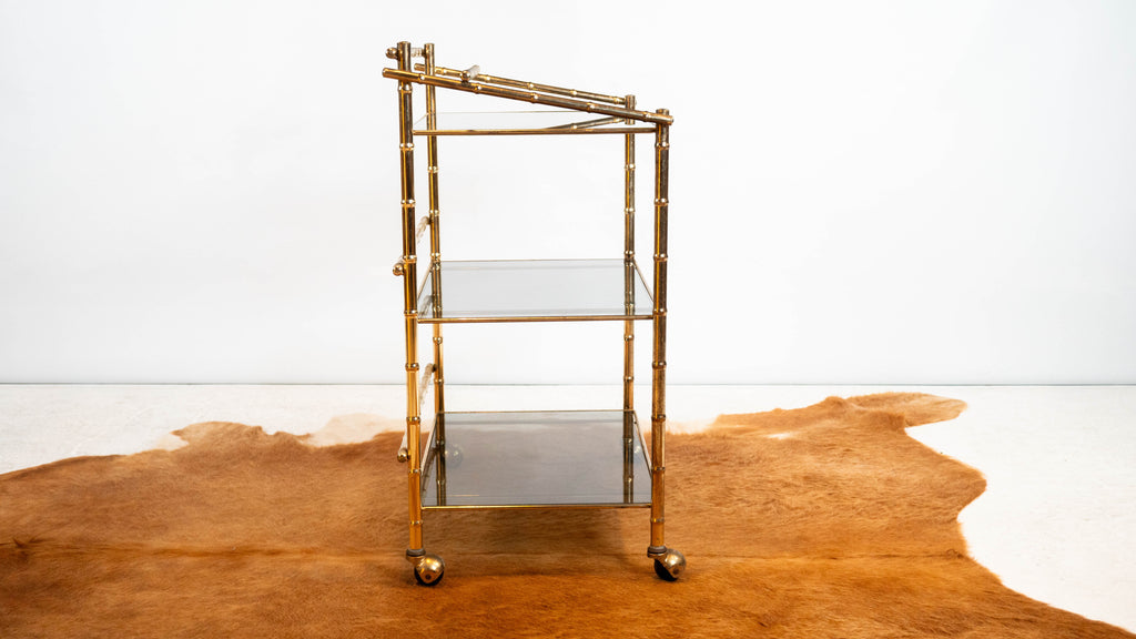 Vintage Mid Century Brass & Smoked Glass Bar Cart, C. 1970s