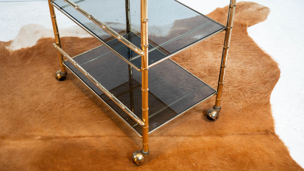 Vintage Mid Century Brass & Smoked Glass Bar Cart, C. 1970s