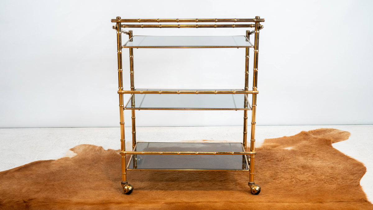 Vintage Mid Century Brass & Smoked Glass Bar Cart, C. 1970s