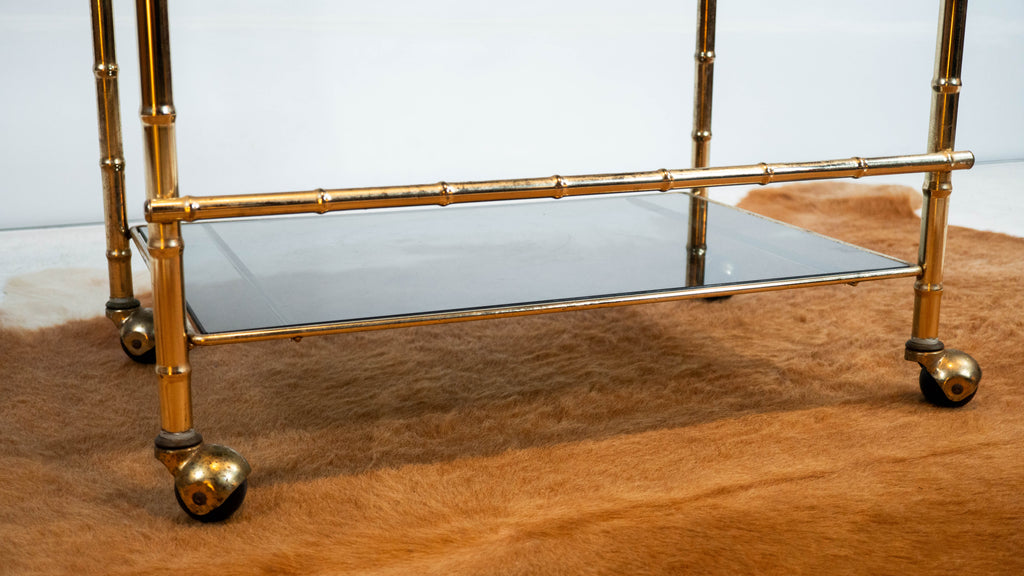 Vintage Mid Century Brass & Smoked Glass Bar Cart, C. 1970s