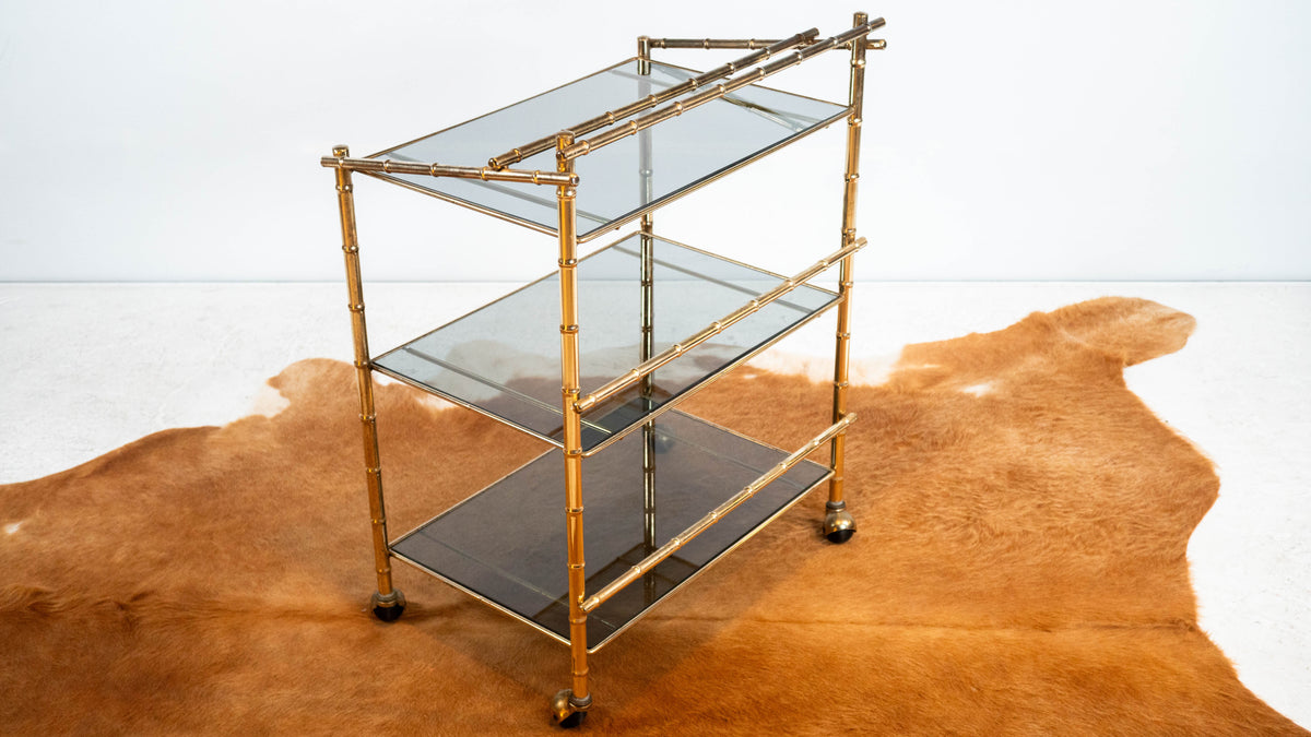 Vintage Mid Century Brass & Smoked Glass Bar Cart, C. 1970s