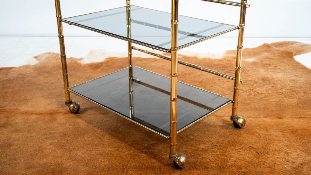 Vintage Mid Century Brass & Smoked Glass Bar Cart, C. 1970s