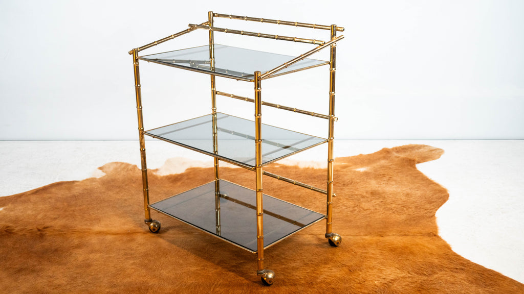 Vintage Mid Century Brass & Smoked Glass Bar Cart, C. 1970s