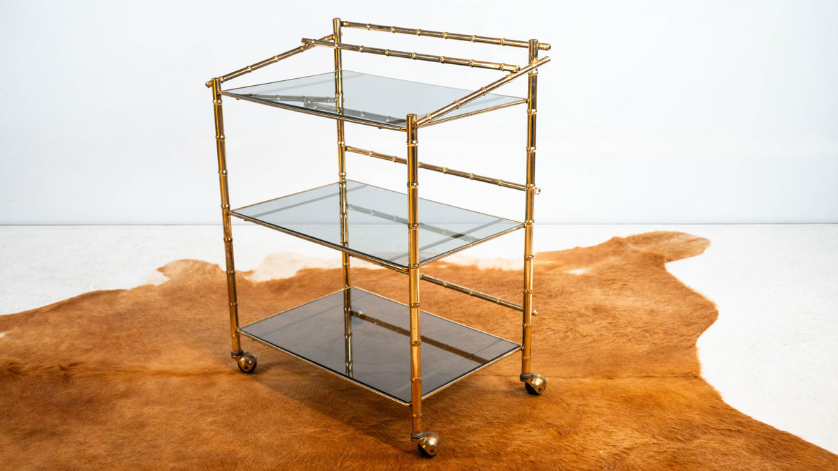Vintage Mid Century Brass & Smoked Glass Bar Cart, C. 1970s