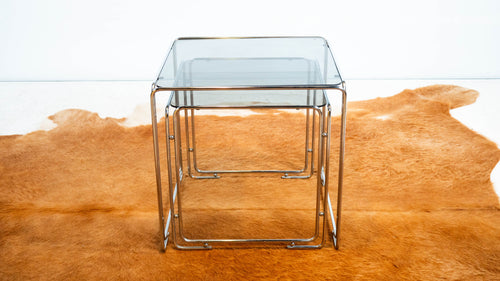 1970s Mid Century Chrome & Smoked Glass Nesting Tables, Set of 2