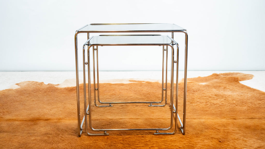1970s Mid Century Chrome & Smoked Glass Nesting Tables, Set of 2