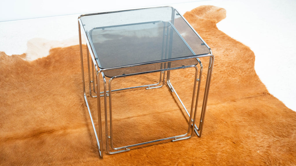1970s Mid Century Chrome & Smoked Glass Nesting Tables, Set of 2