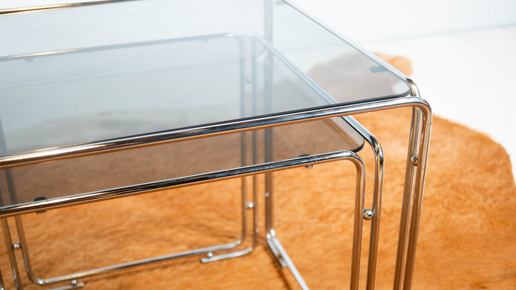 1970s Mid Century Chrome & Smoked Glass Nesting Tables, Set of 2