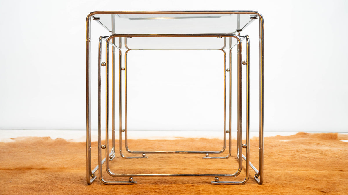 1970s Mid Century Chrome & Smoked Glass Nesting Tables, Set of 2