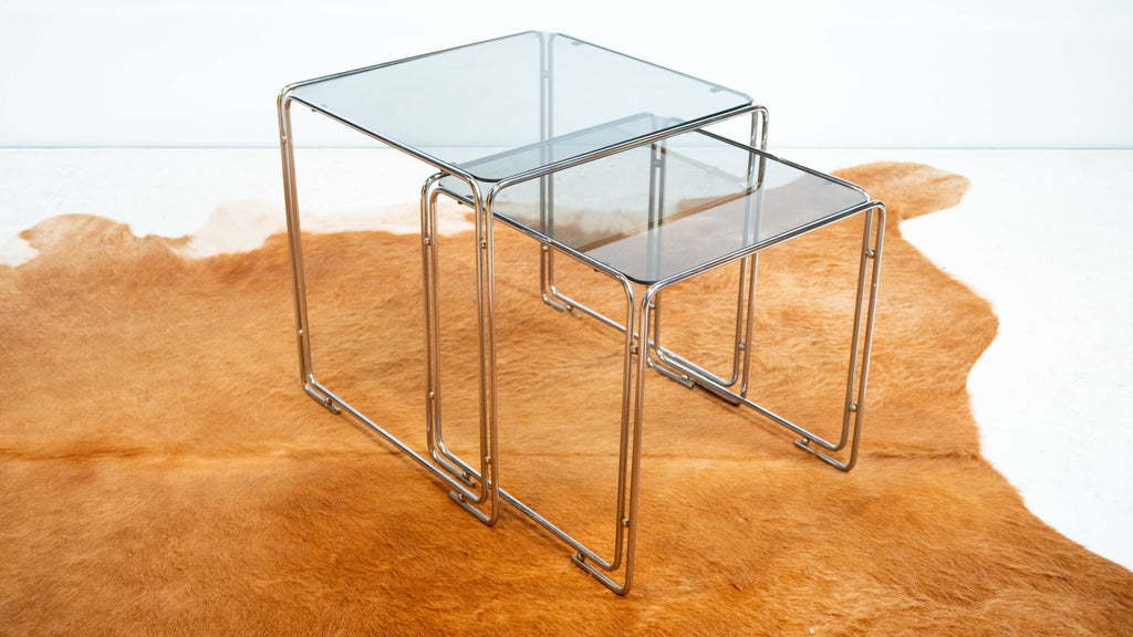 1970s Mid Century Chrome & Smoked Glass Nesting Tables, Set of 2