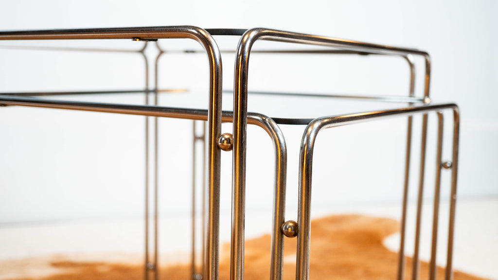 1970s Mid Century Chrome & Smoked Glass Nesting Tables, Set of 2
