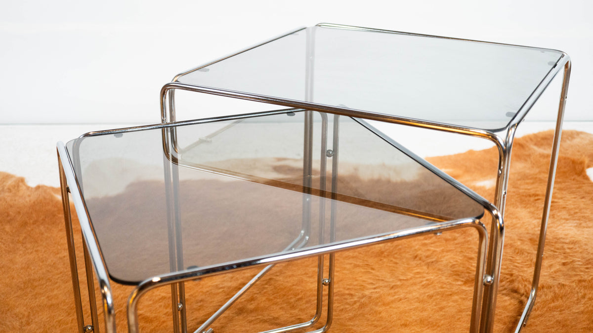 1970s Mid Century Chrome & Smoked Glass Nesting Tables, Set of 2