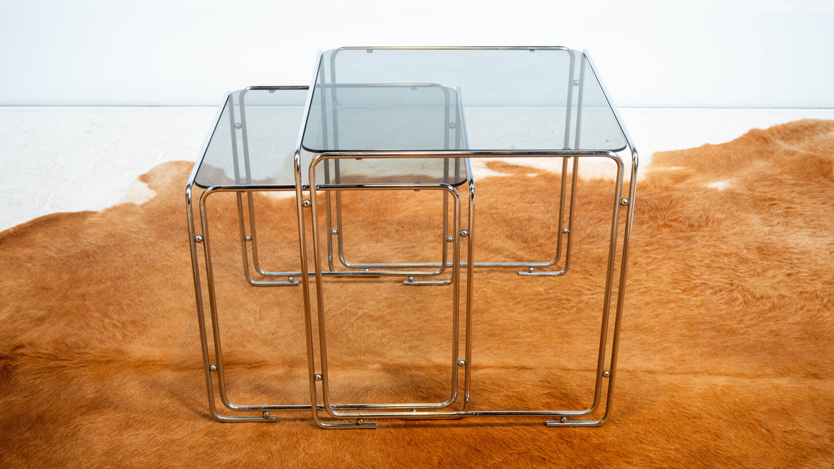 1970s Mid Century Chrome & Smoked Glass Nesting Tables, Set of 2