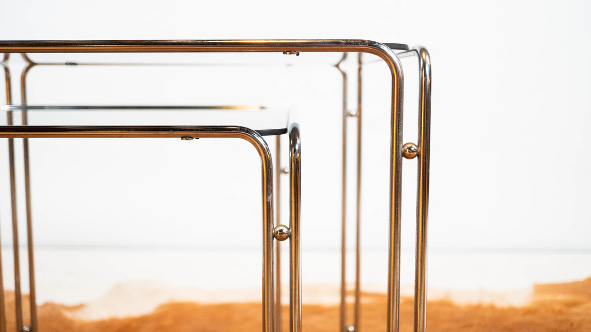 1970s Mid Century Chrome & Smoked Glass Nesting Tables, Set of 2