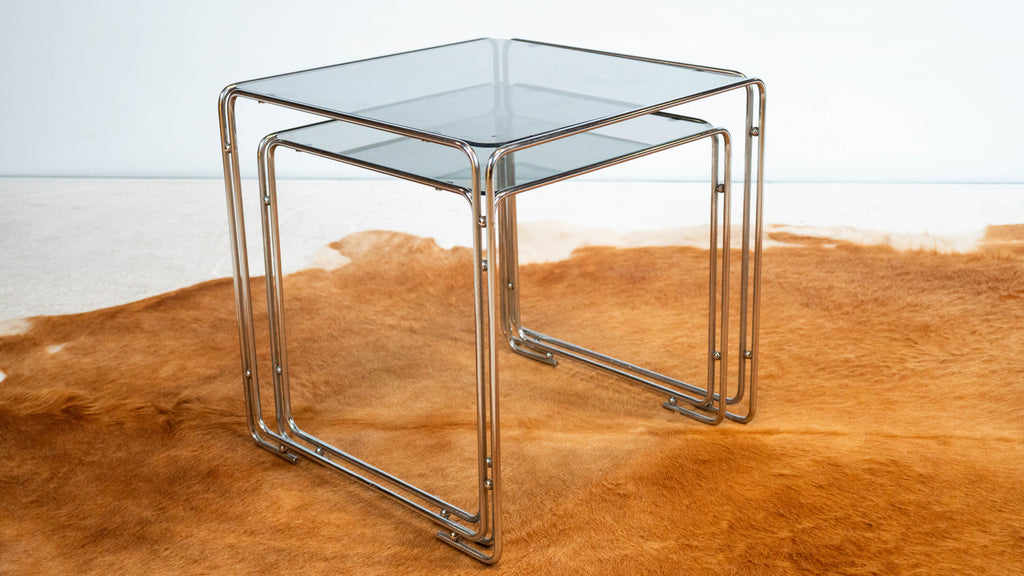 1970s Mid Century Chrome & Smoked Glass Nesting Tables, Set of 2