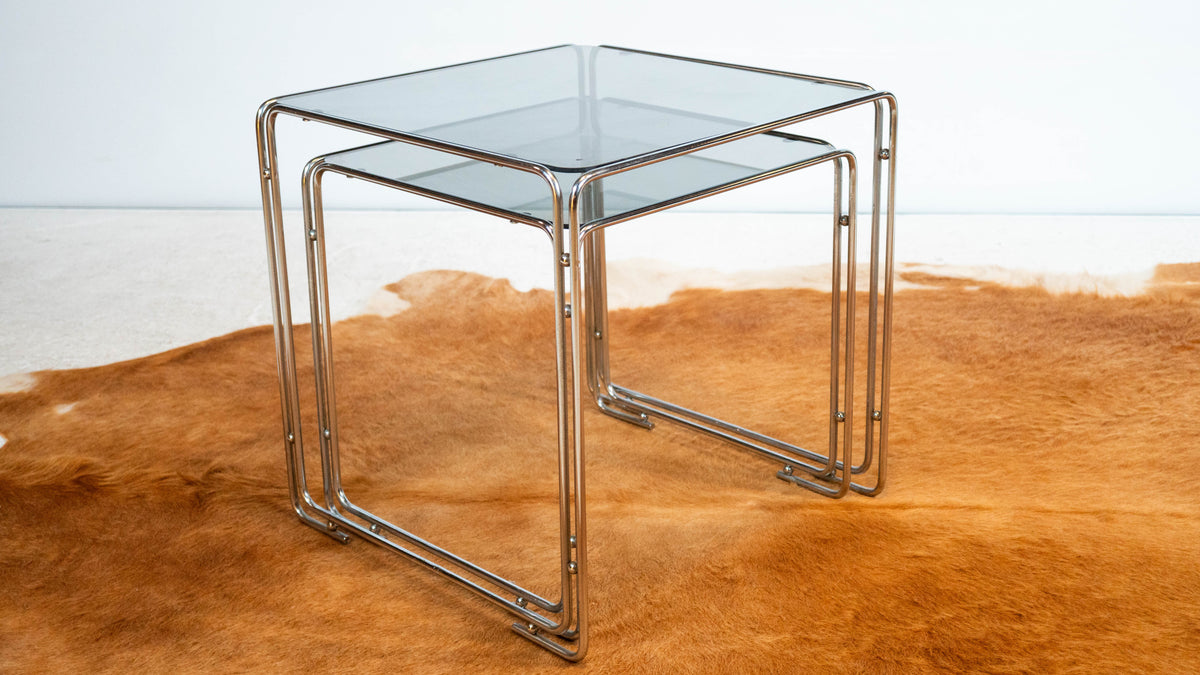 1970s Mid Century Chrome & Smoked Glass Nesting Tables, Set of 2
