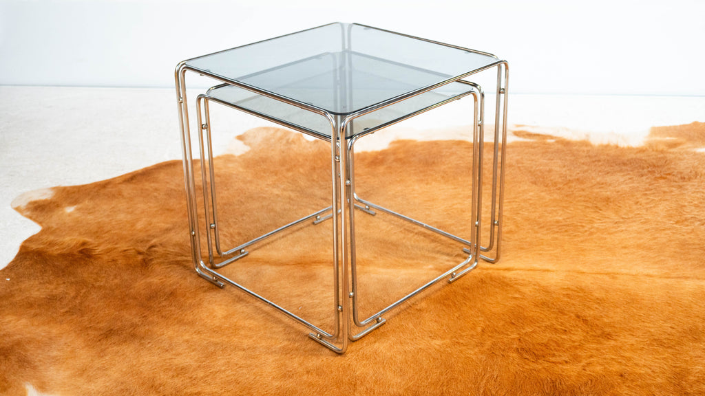 1970s Mid Century Chrome & Smoked Glass Nesting Tables, Set of 2