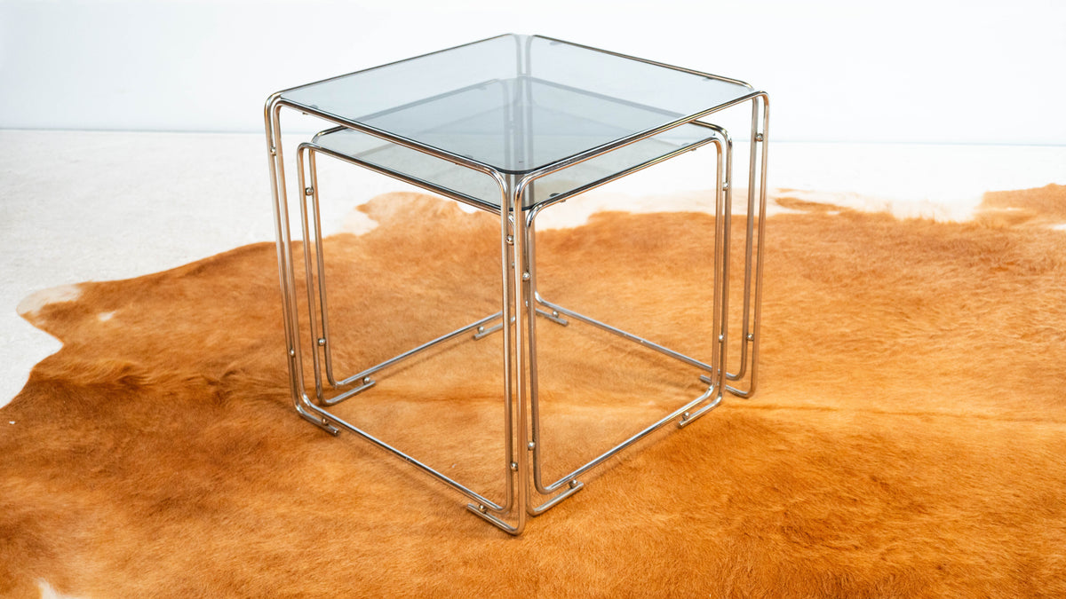 1970s Mid Century Chrome & Smoked Glass Nesting Tables, Set of 2