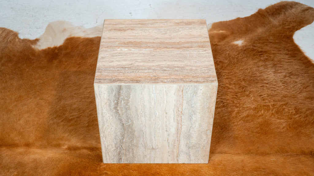 1980s Italian Polished Travertine Cube Side Table