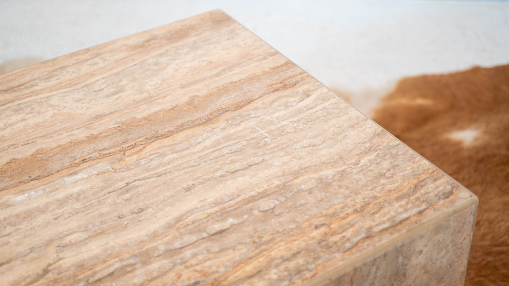 1980s Italian Polished Travertine Cube Side Table
