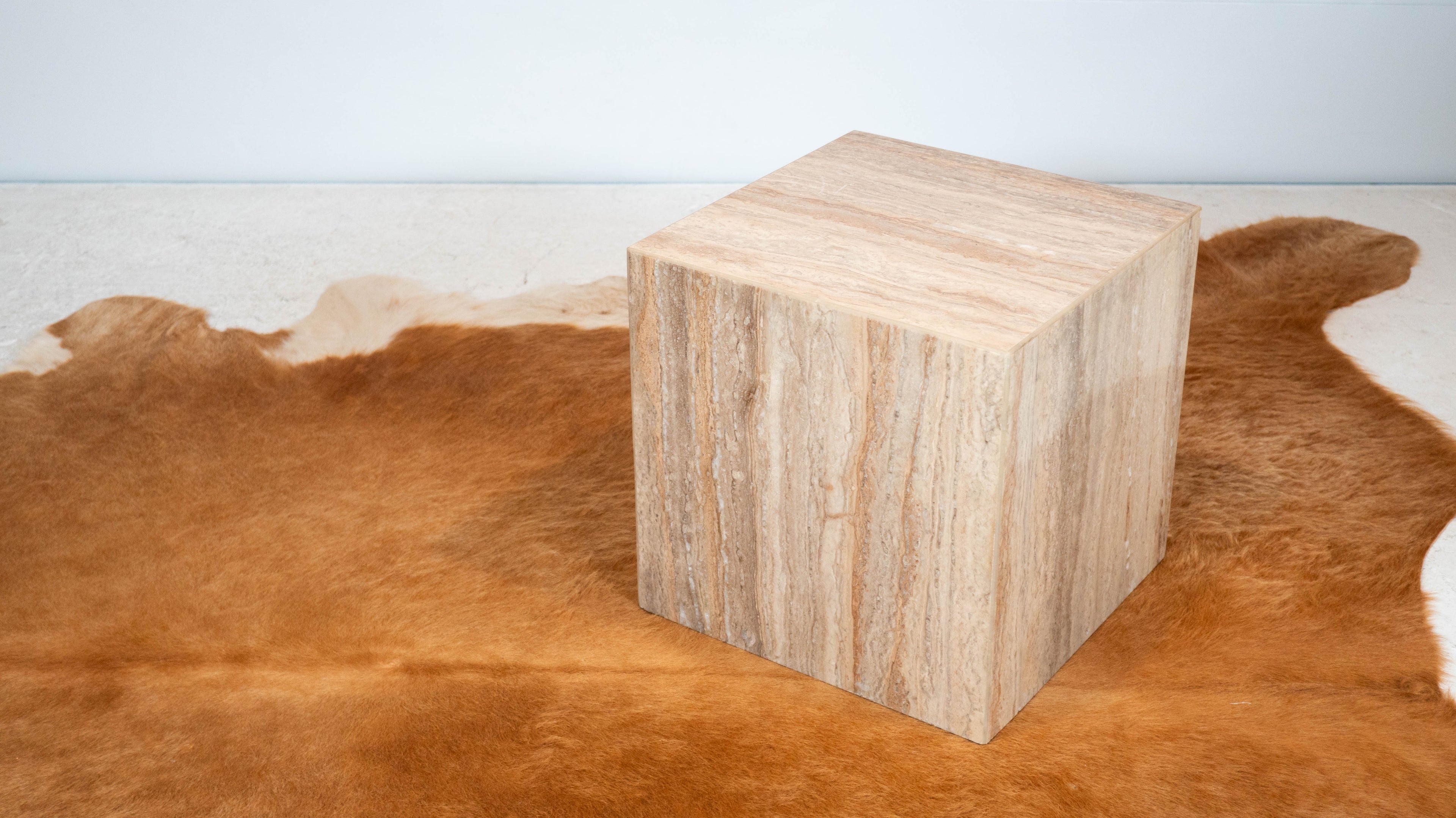 1980s Italian Polished Travertine Cube Side Table