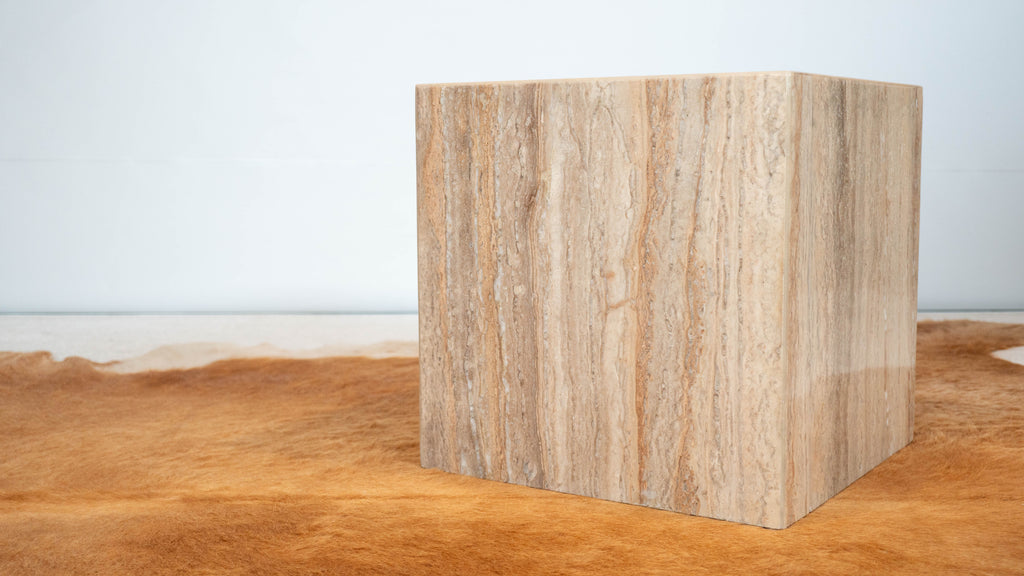1980s Italian Polished Travertine Cube Side Table