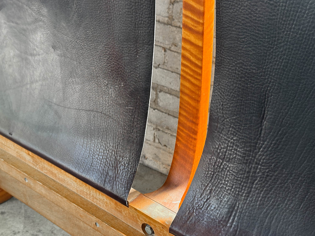 Vintage Tiger Maple and Leather Queen Bed Frame