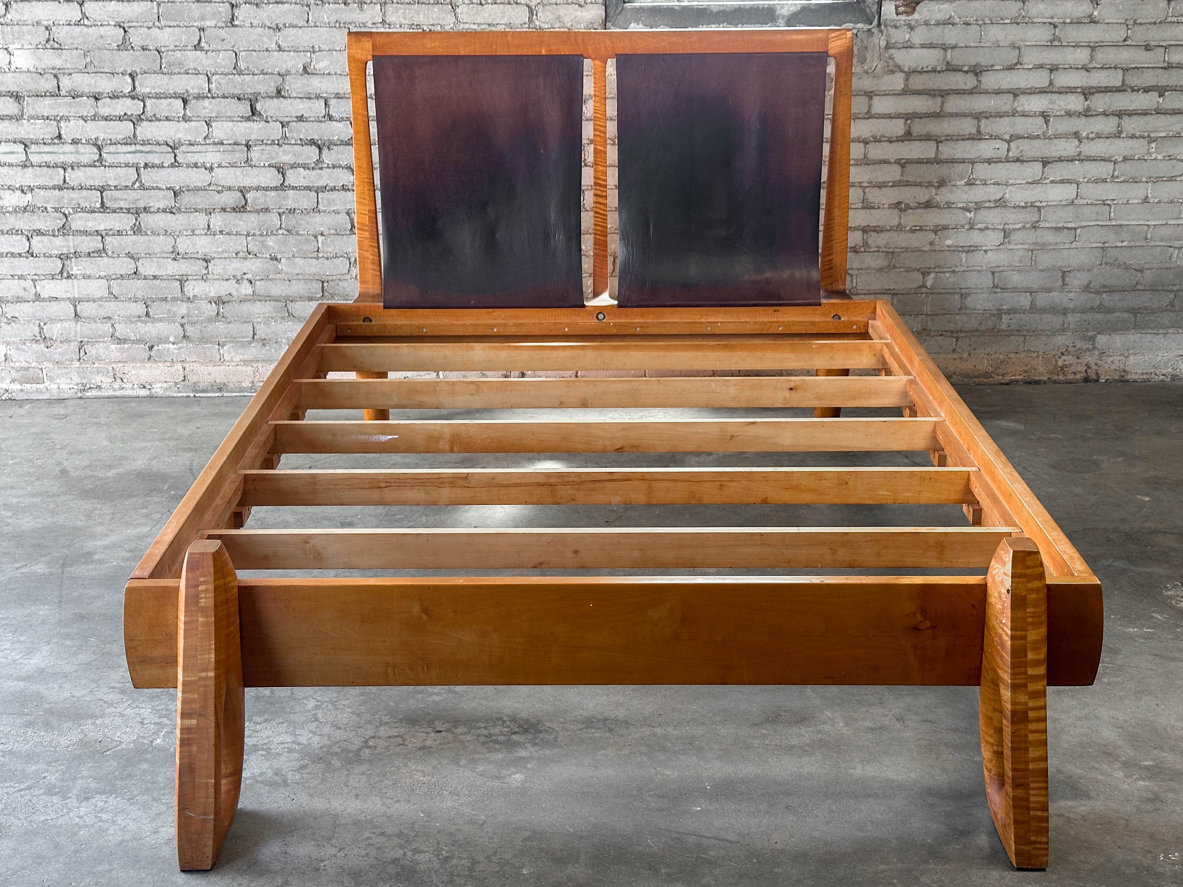 Vintage Tiger Maple and Leather Queen Bed Frame