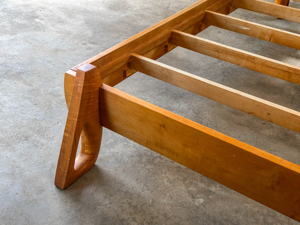 Vintage Tiger Maple and Leather Queen Bed Frame
