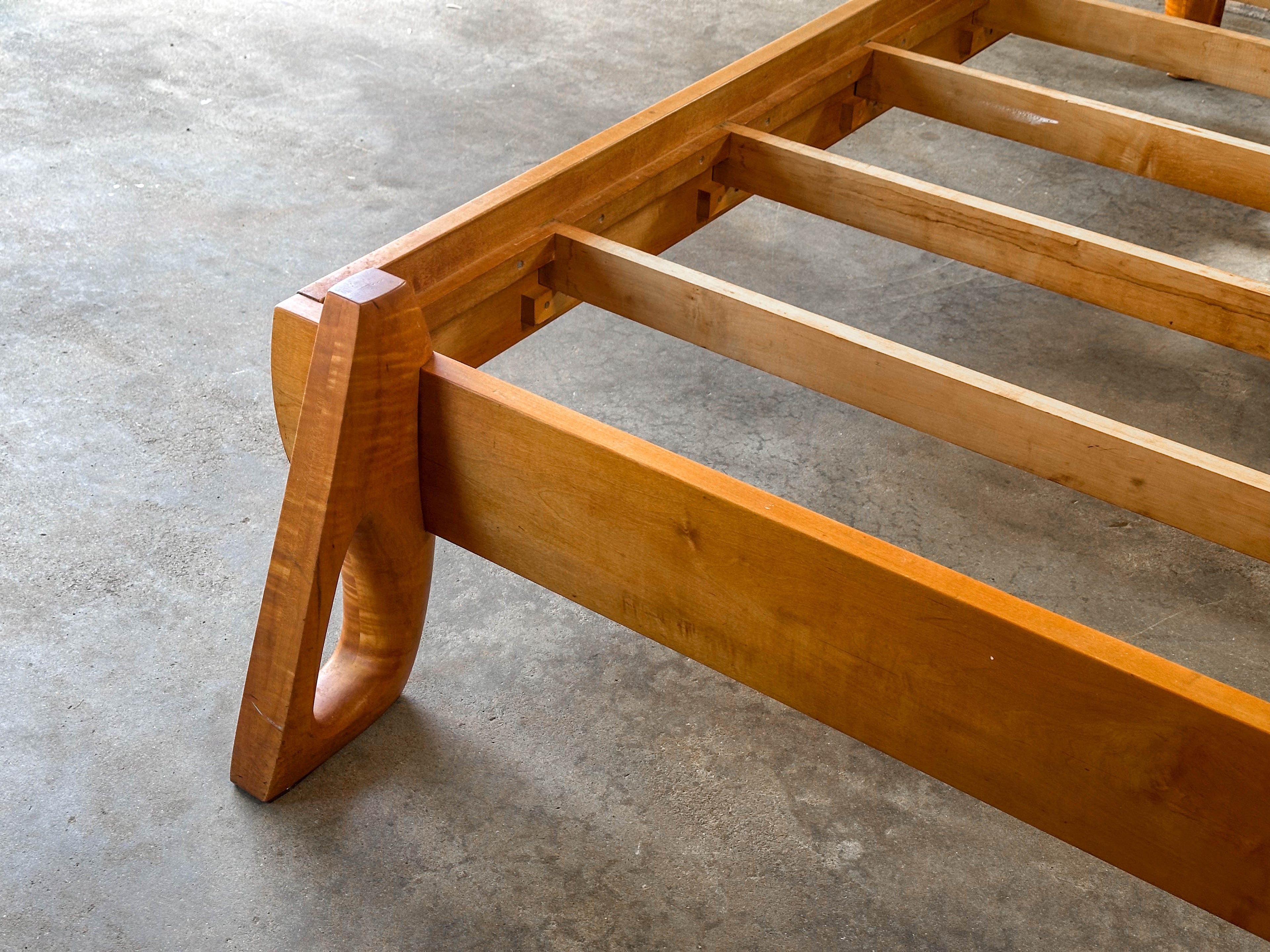 Vintage Tiger Maple and Leather Queen Bed Frame