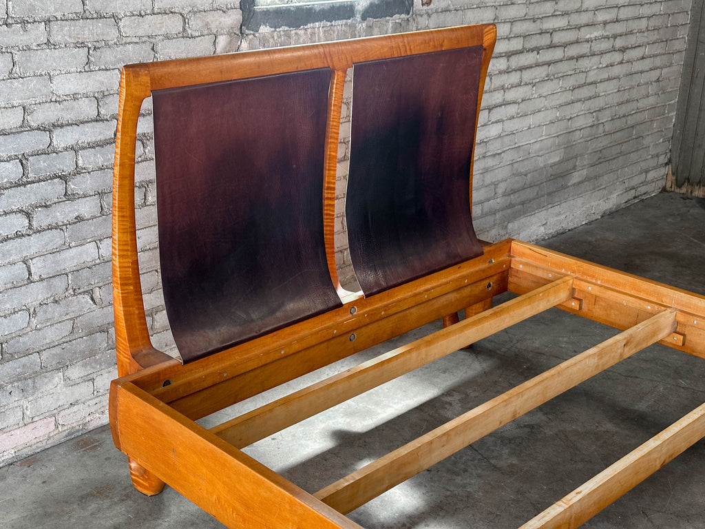 Vintage Tiger Maple and Leather Queen Bed Frame