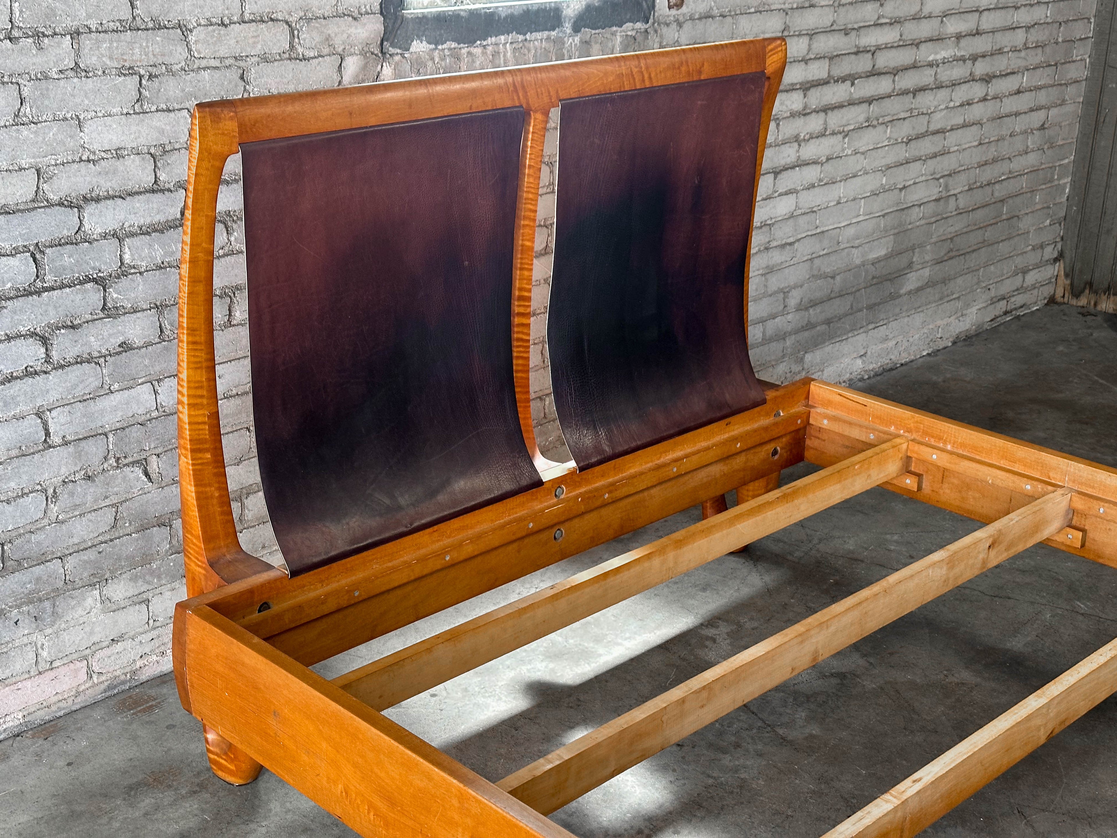 Vintage Tiger Maple and Leather Queen Bed Frame
