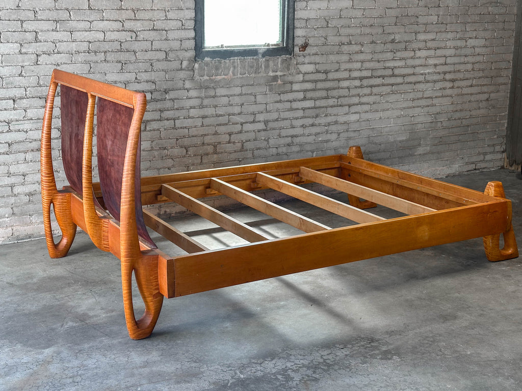 Vintage Tiger Maple and Leather Queen Bed Frame