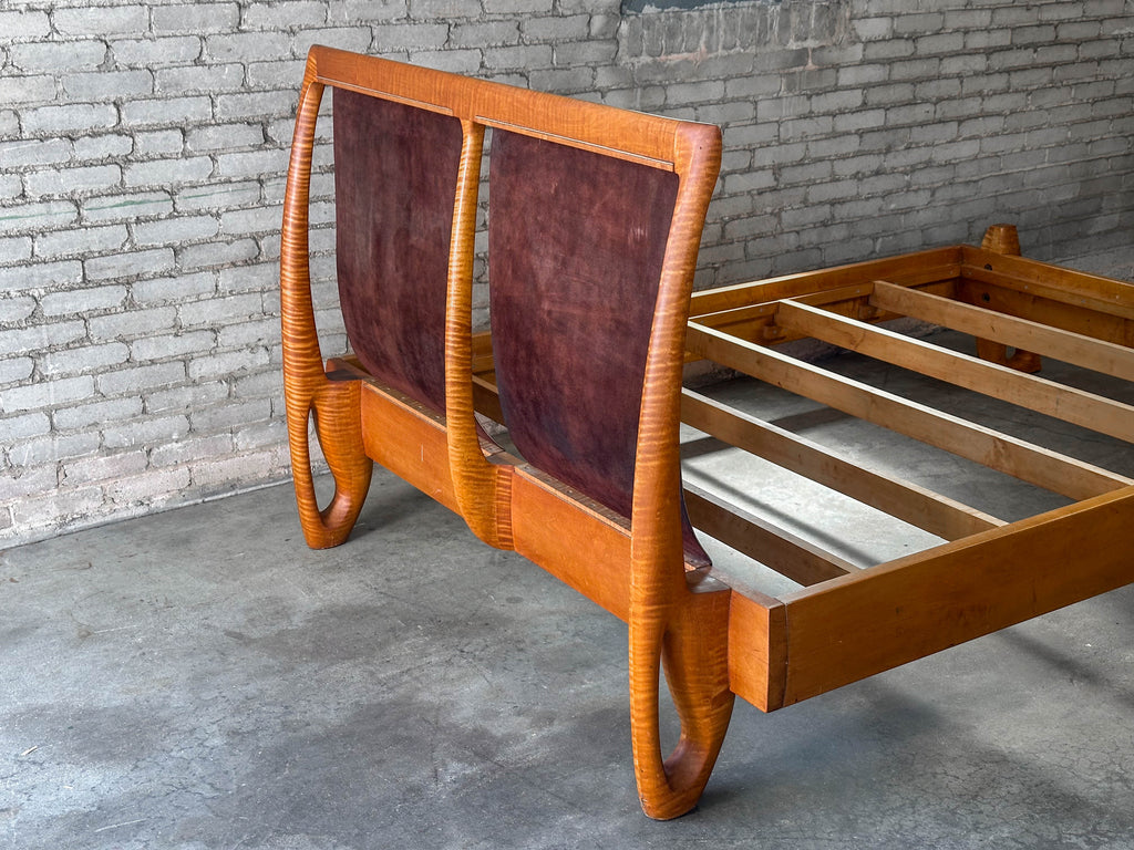 Vintage Tiger Maple and Leather Queen Bed Frame