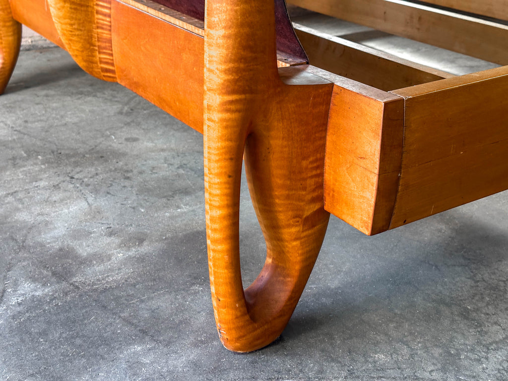 Vintage Tiger Maple and Leather Queen Bed Frame
