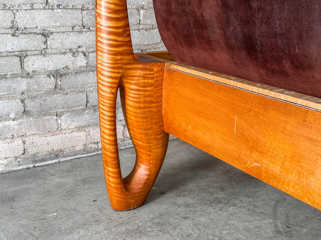 Vintage Tiger Maple and Leather Queen Bed Frame