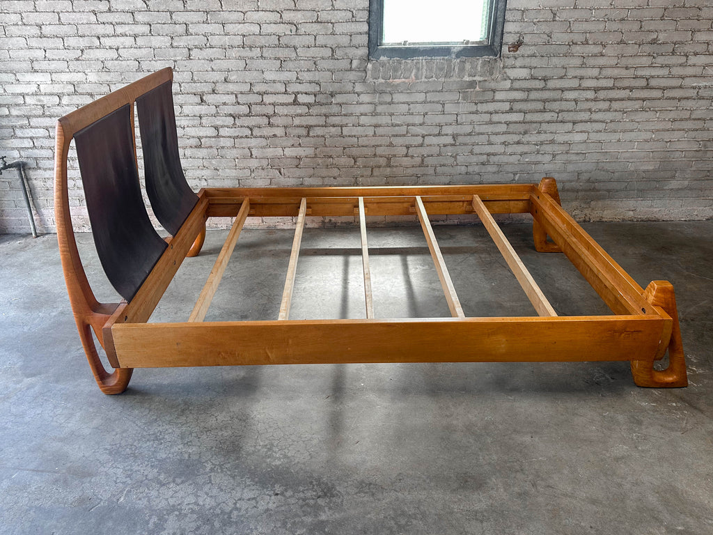 Vintage Tiger Maple and Leather Queen Bed Frame