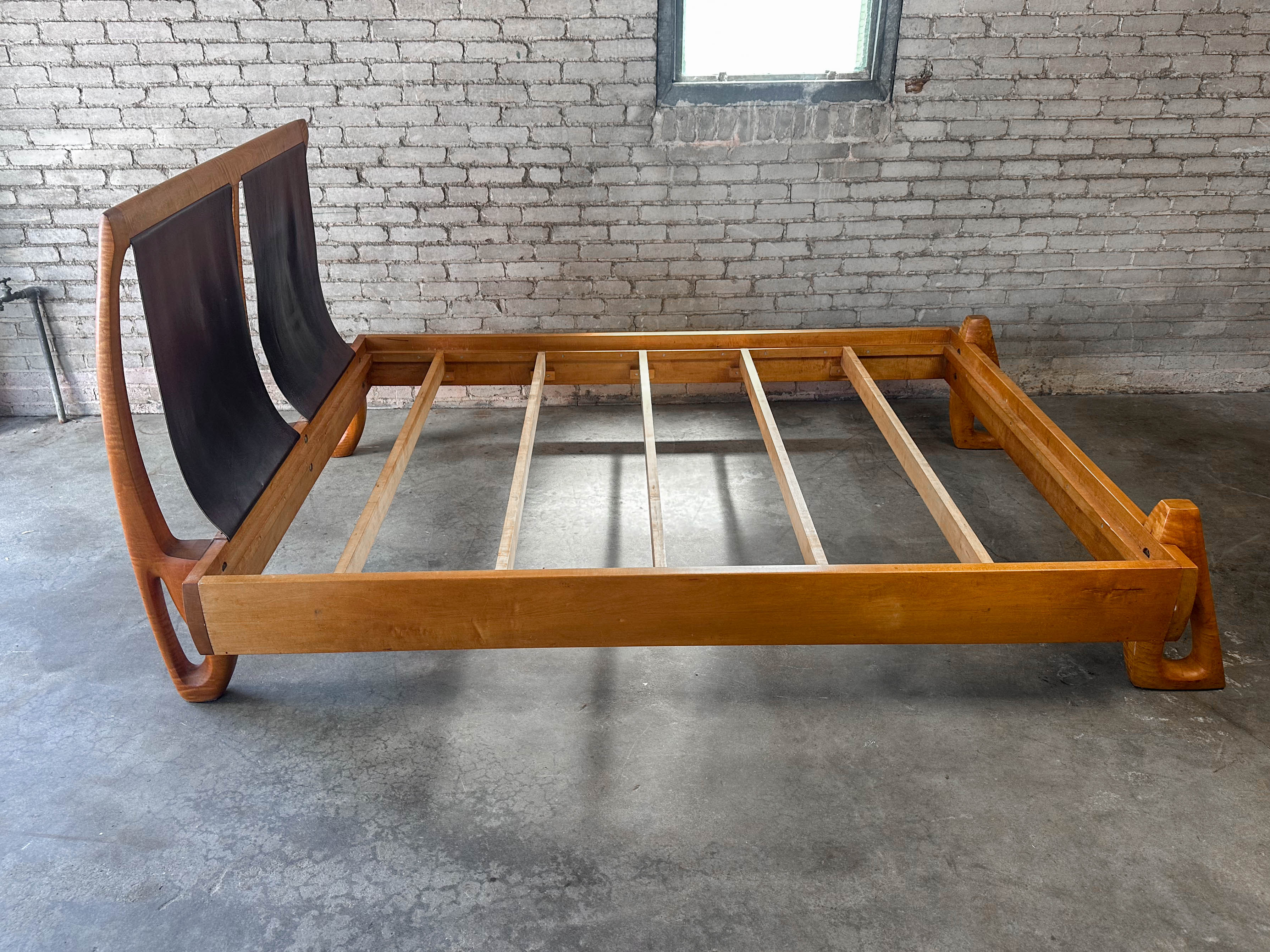 Vintage Tiger Maple and Leather Queen Bed Frame