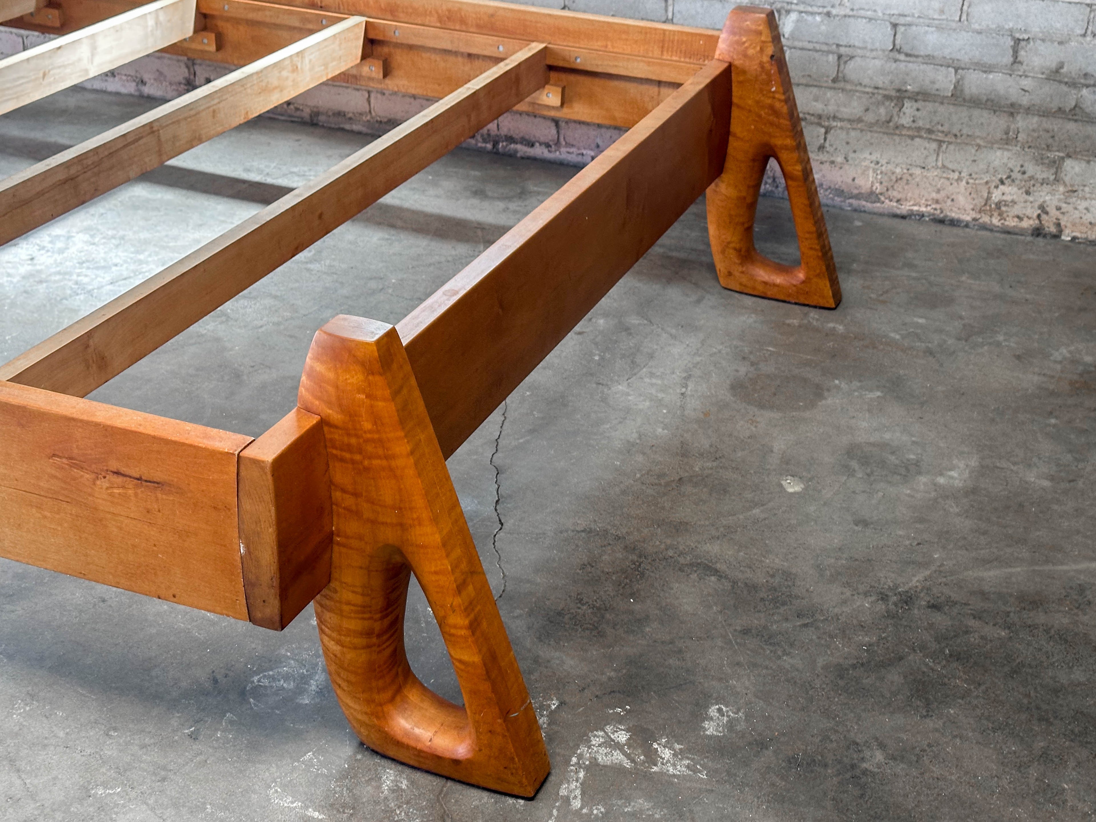Vintage Tiger Maple and Leather Queen Bed Frame