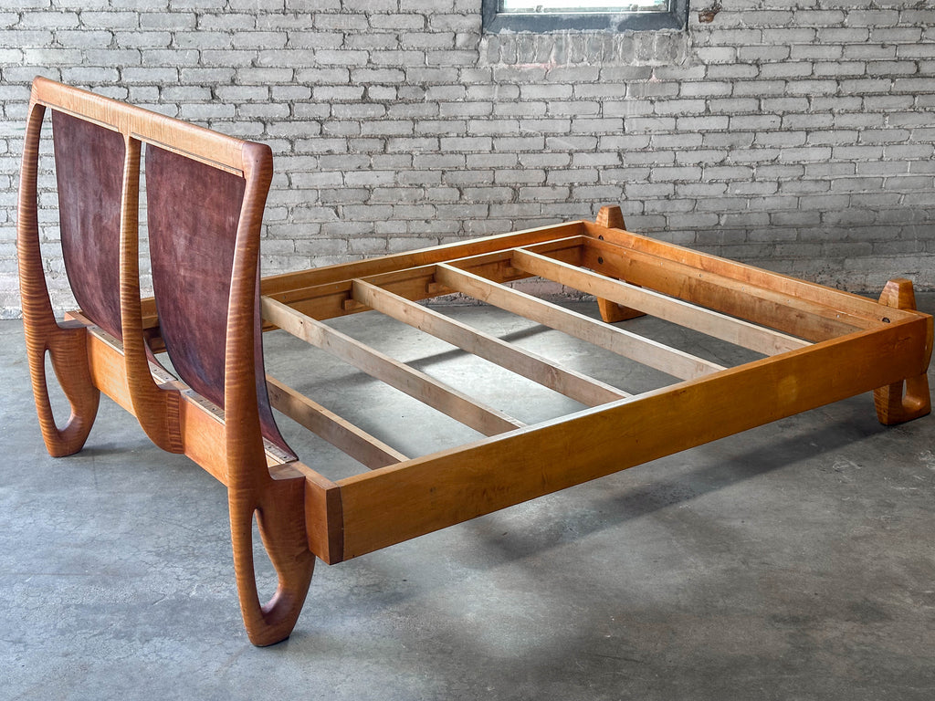 Vintage Tiger Maple and Leather Queen Bed Frame