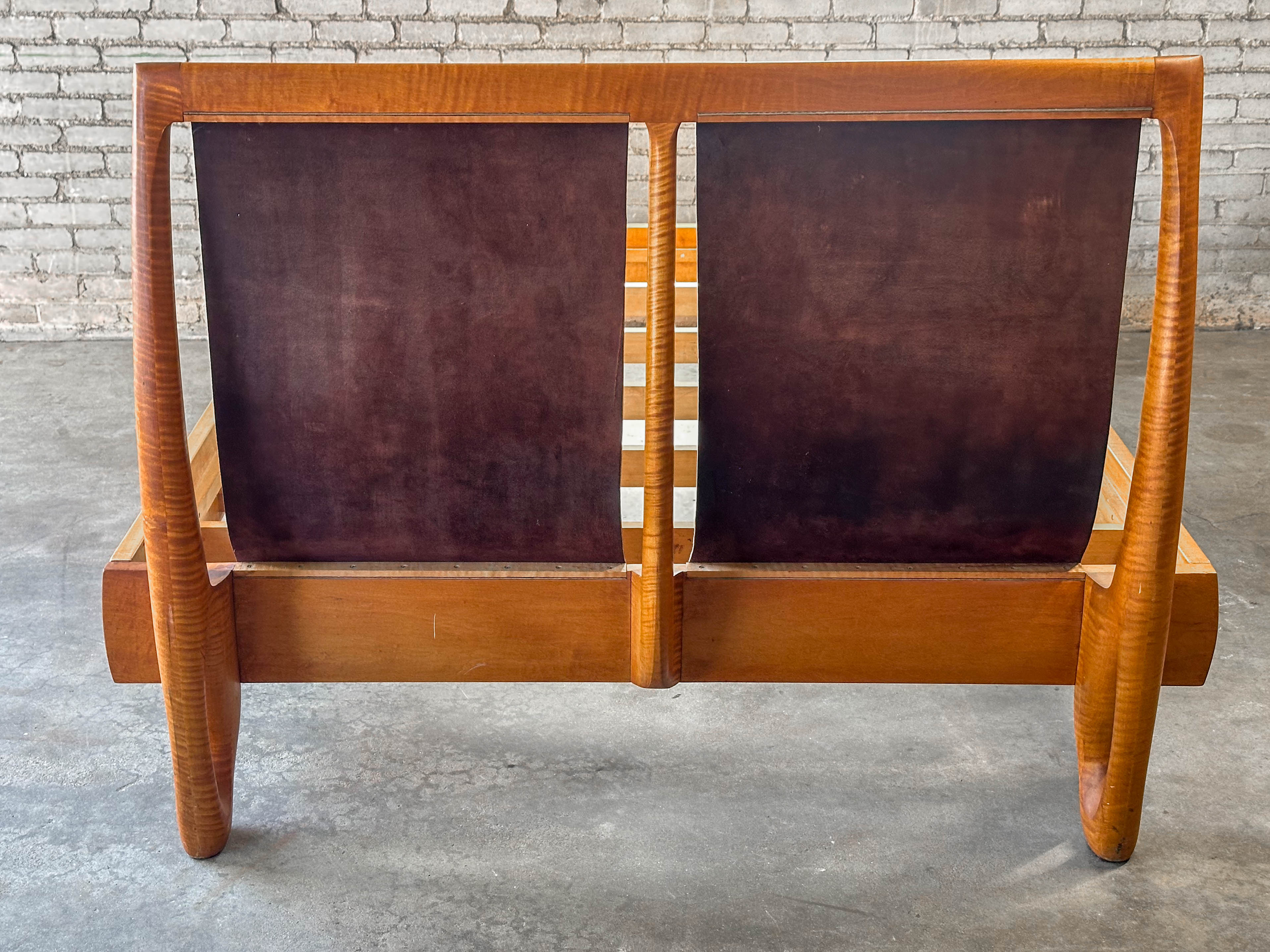 Vintage Tiger Maple and Leather Queen Bed Frame
