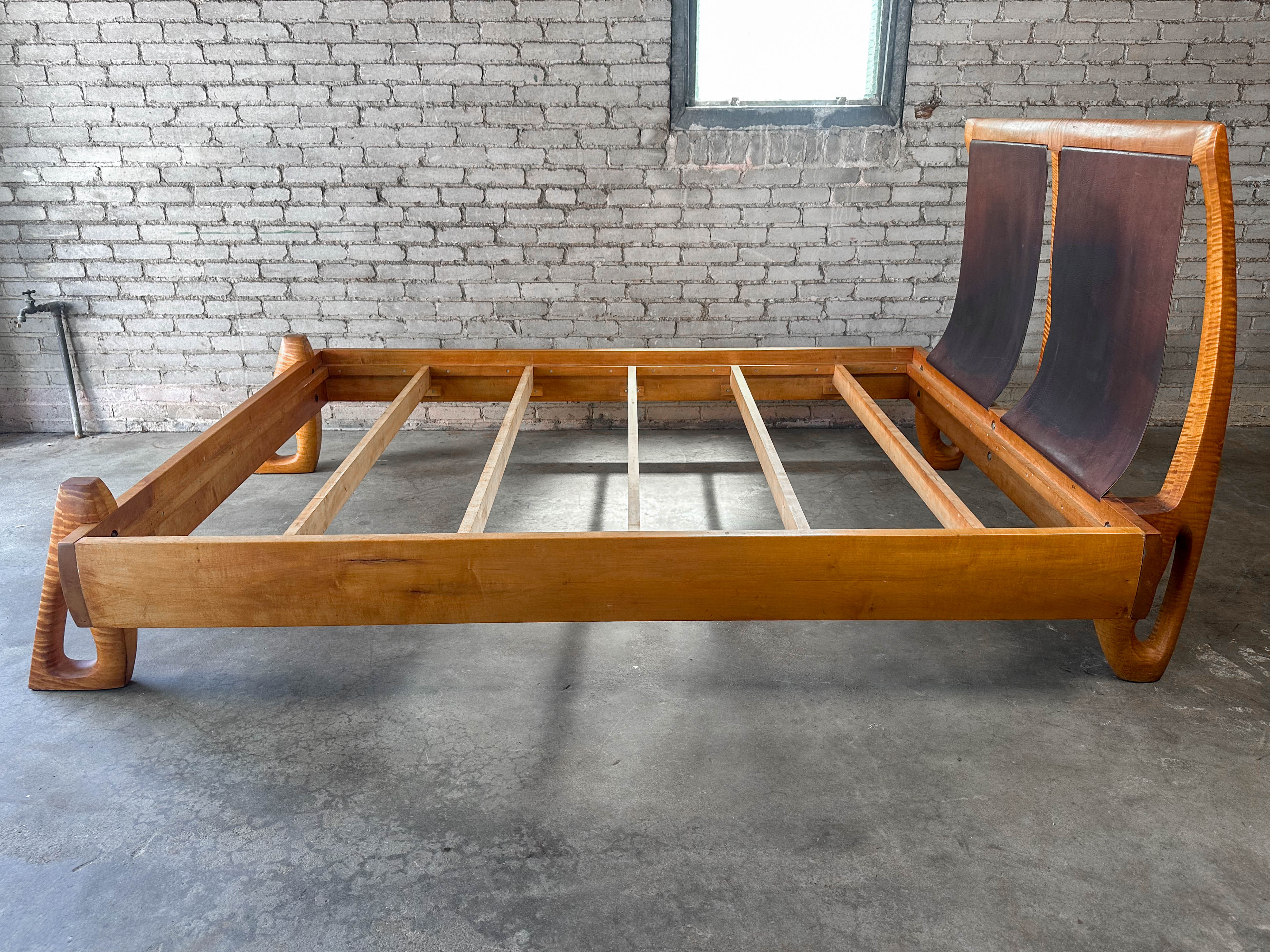 Vintage Tiger Maple and Leather Queen Bed Frame