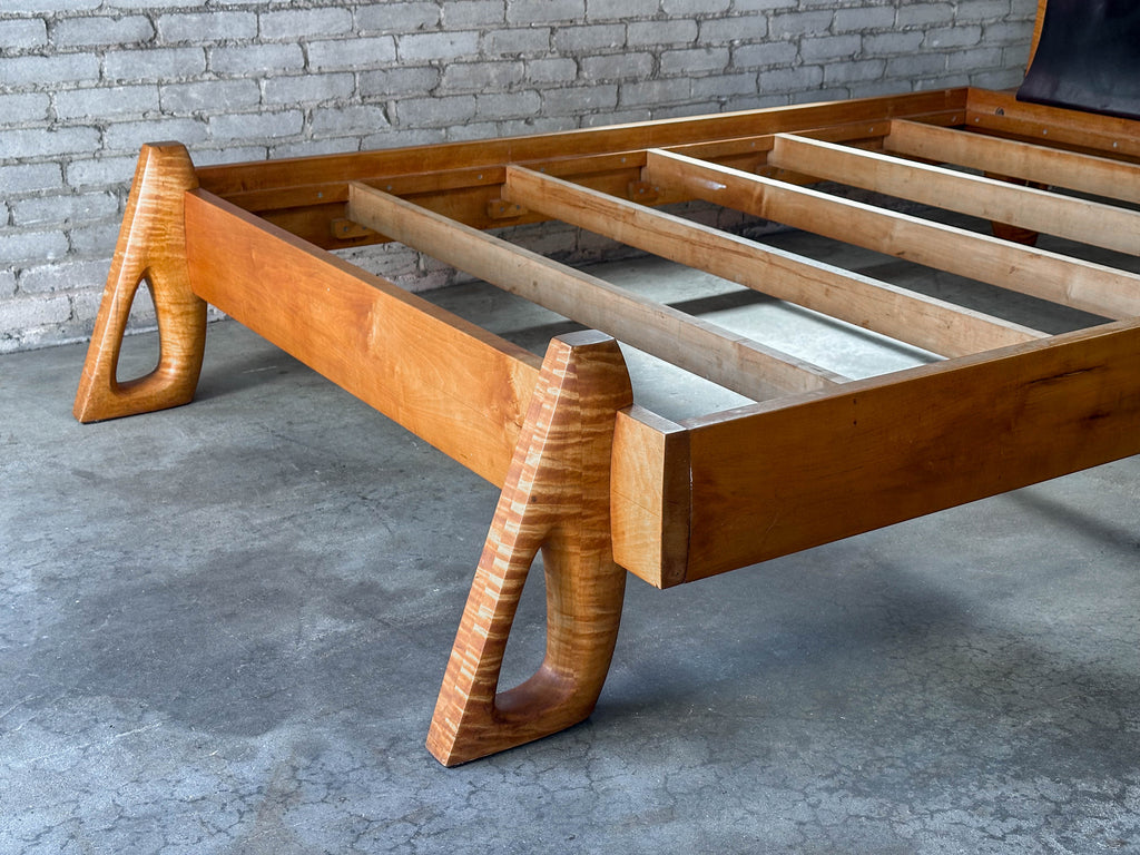 Vintage Tiger Maple and Leather Queen Bed Frame