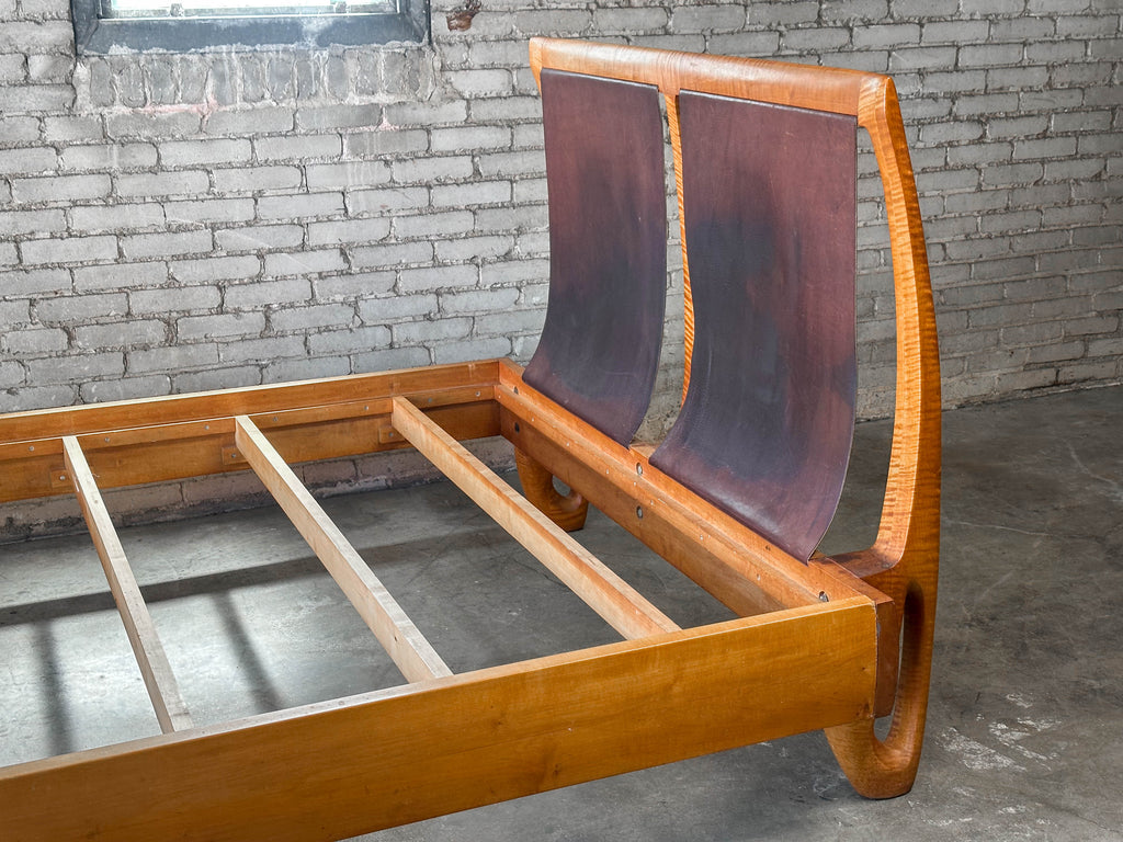Vintage Tiger Maple and Leather Queen Bed Frame